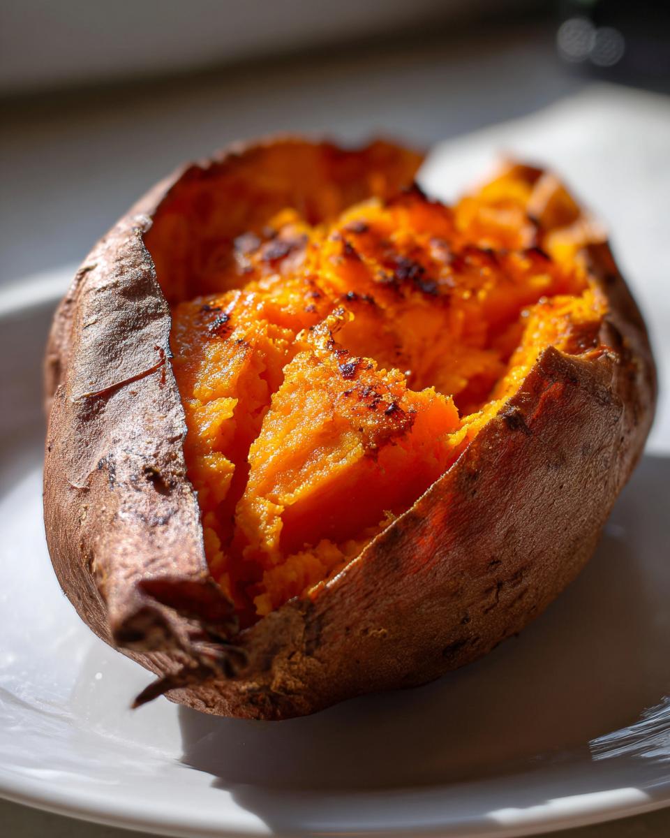 Close-up of a perfectly baked sweet potato split open, showing the bright orange, fluffy interior.
