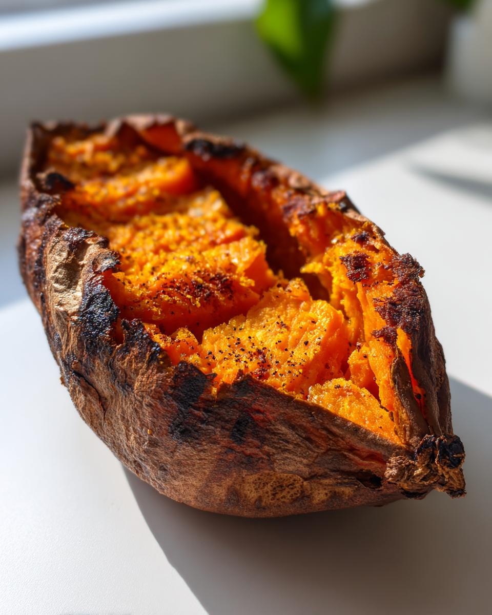 Close-up of a perfectly baked sweet potato, split open to reveal fluffy, bright orange flesh seasoned with pepper.