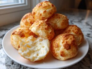 A stack of golden brown, puffy brazilian cheese bread on a white plate, with one broken open showing the airy, cheesy interior.