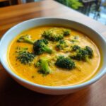 A close-up of a white bowl filled with vibrant orange creamy broccoli cheddar soup, topped with bright green broccoli florets.