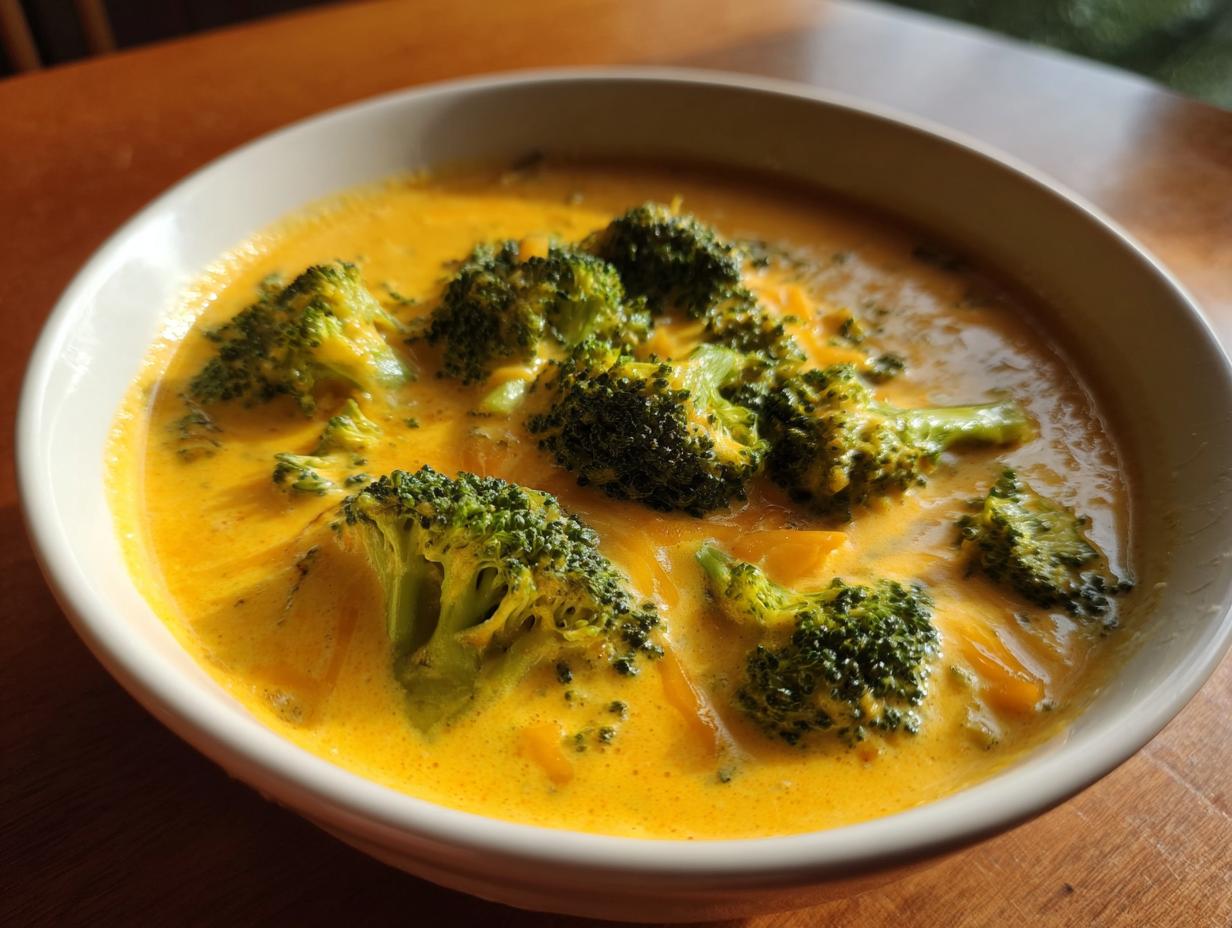 A close-up of a creamy, vibrant orange bowl of broccoli cheddar soup topped with fresh broccoli florets.