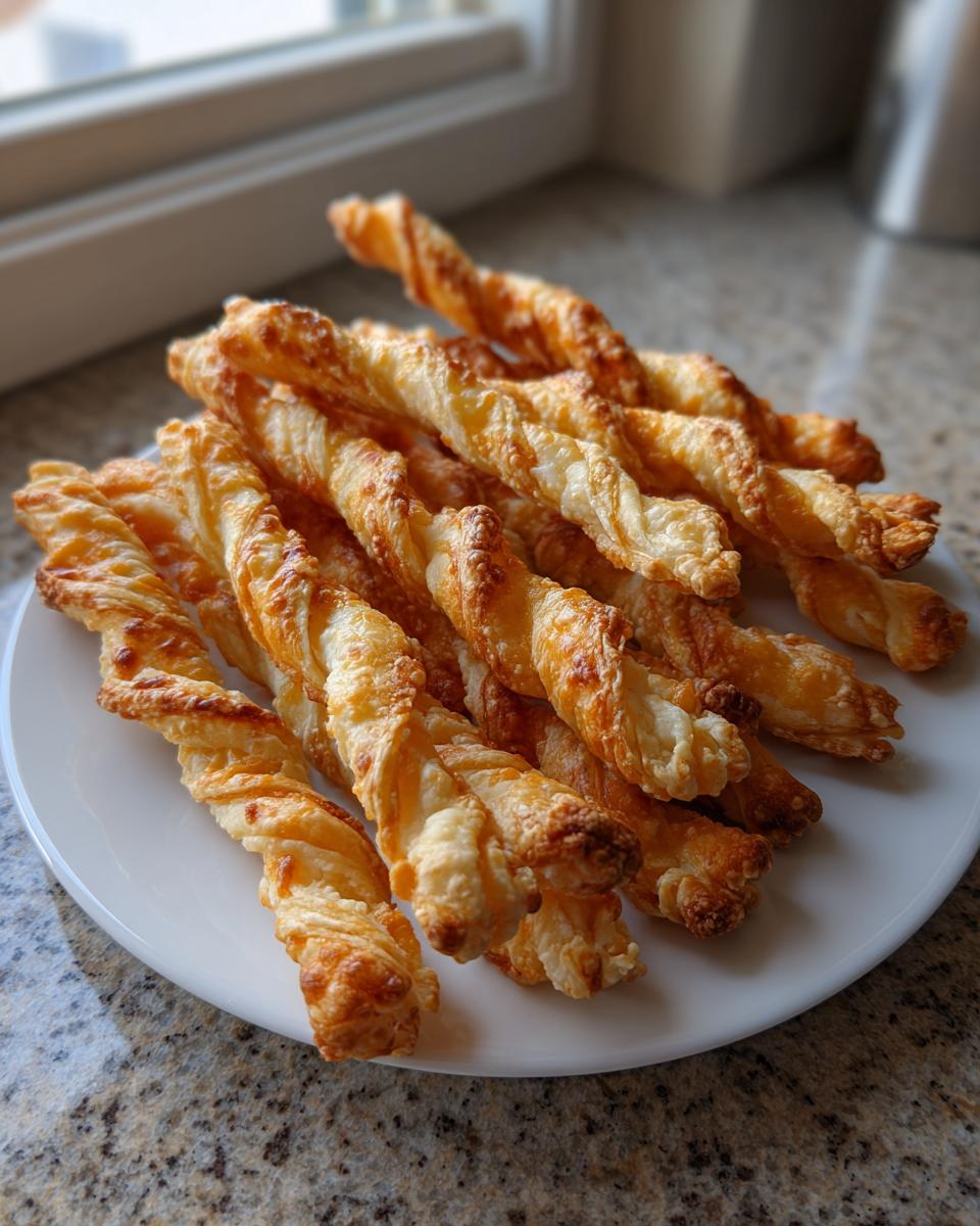 A pile of freshly baked, golden brown, flaky cheese straws recipe twists stacked on a white plate.
