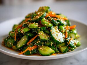 Close-up of a vibrant edamame salad featuring sliced cucumbers, shredded carrots, and sesame seeds.