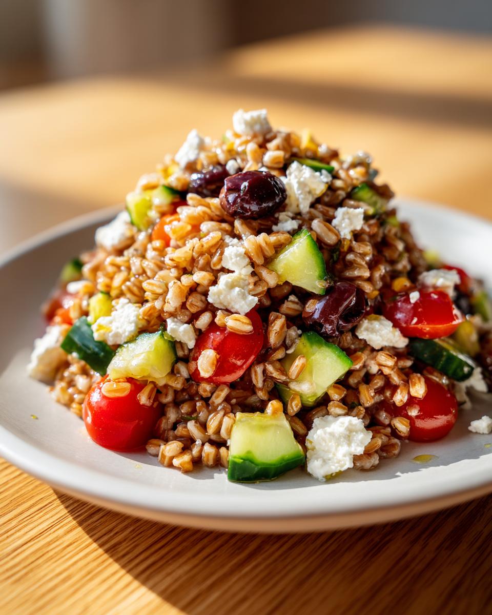 A close-up of a vibrant farro salad mixed with cherry tomatoes, cucumber chunks, feta cheese, and dark olives.