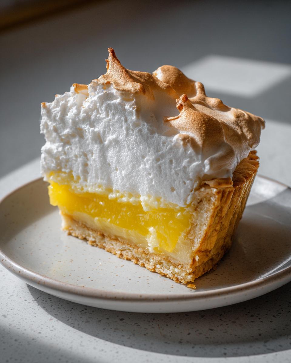 A perfect slice of amazing lemon meringue pie showing bright yellow filling and tall, torched meringue.