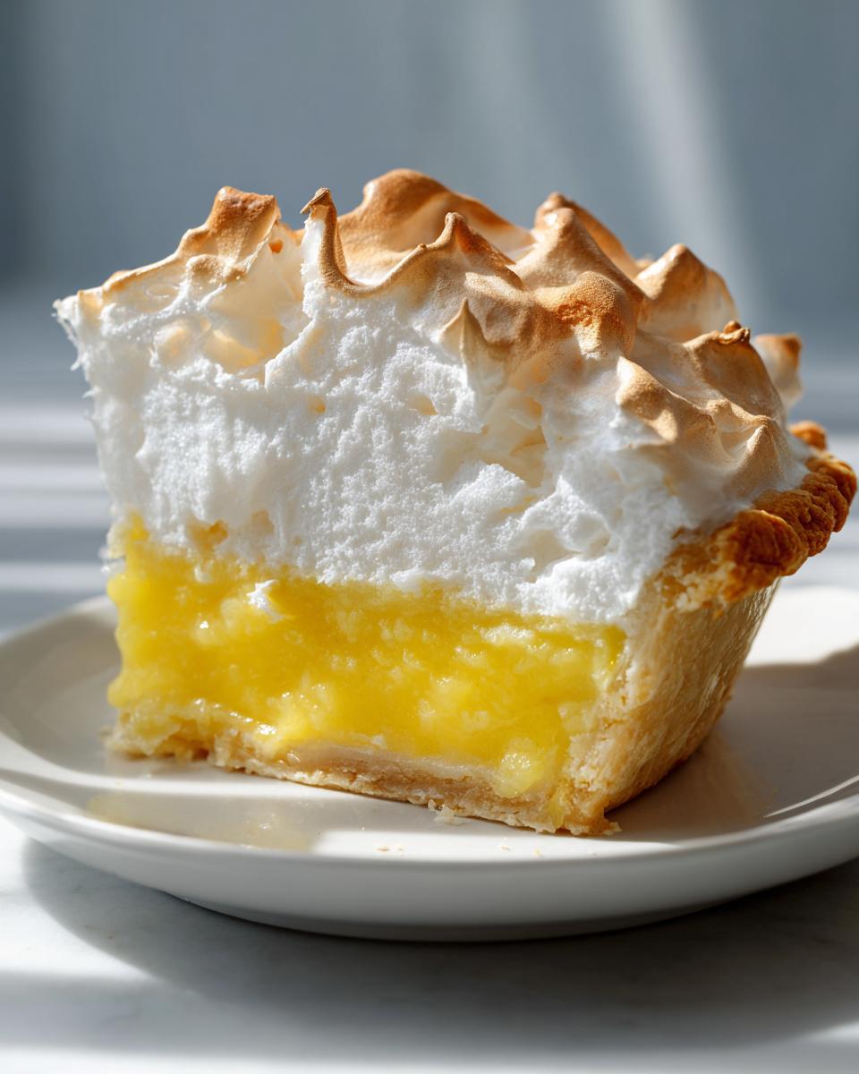 A perfect slice of lemon meringue pie showing a thick layer of bright yellow lemon curd and tall, fluffy, torched meringue.