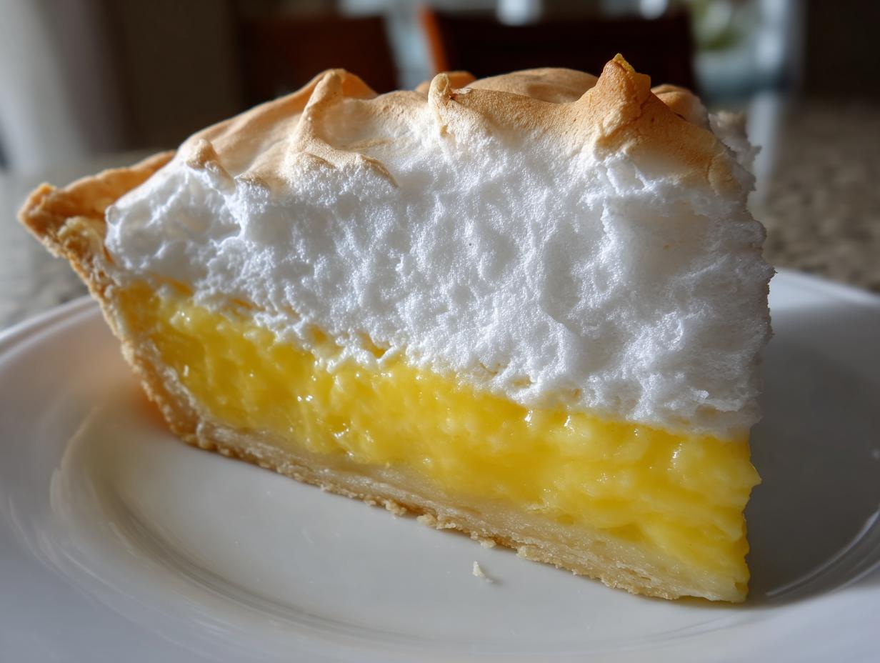 A thick slice of amazing lemon meringue pie showing a bright yellow curd filling and a tall, toasted white meringue topping.