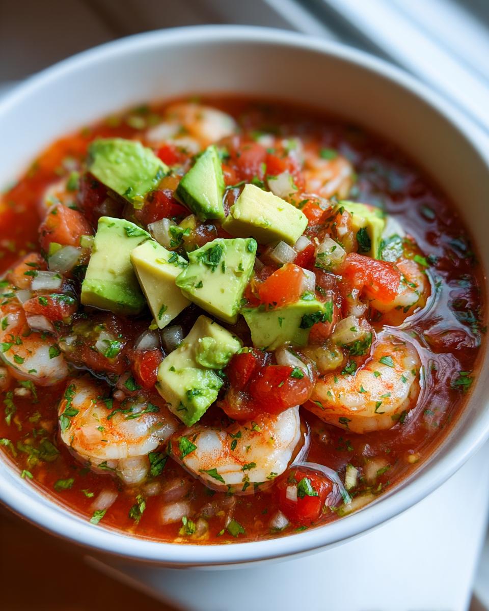 Close-up of a white bowl filled with vibrant mexican shrimp cocktail, topped with fresh avocado chunks.