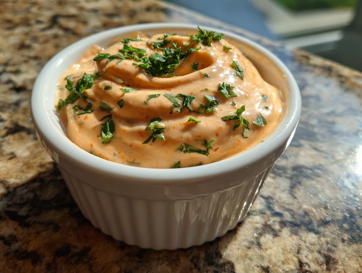Close-up of creamy, orange-hued remoulade sauce topped with fresh chopped parsley in a white dish.