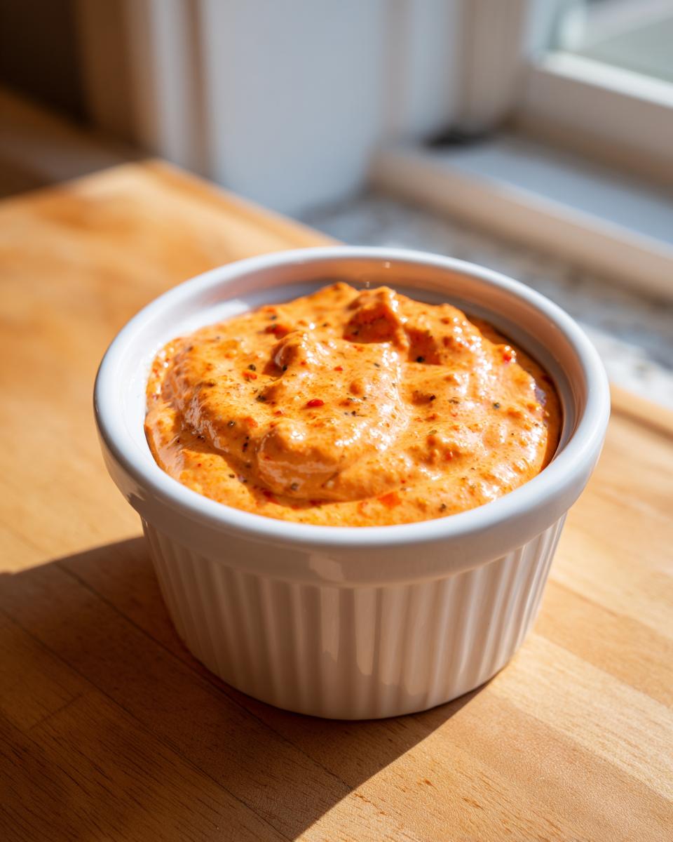 Close-up of creamy, orange-hued smash burger sauce speckled with spices in a small white dish.