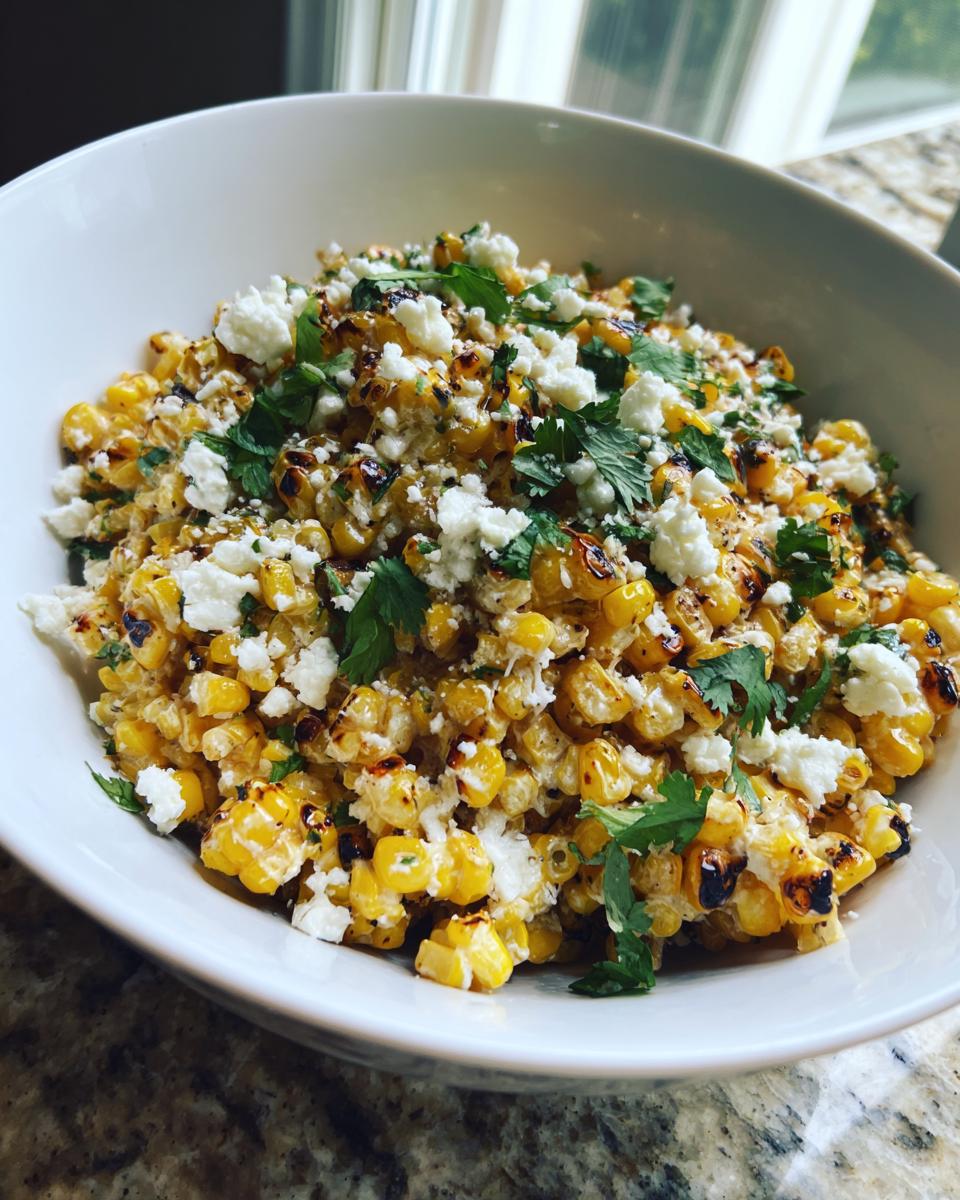 Close-up of a white bowl filled with grilled corn kernels, crumbled white cheese, and fresh cilantro, representing street corn salad.