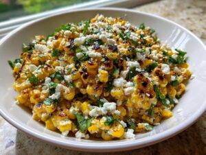 A close-up of a white bowl filled with charred corn kernels, crumbled white cheese, and fresh cilantro, ready to serve as street corn salad.