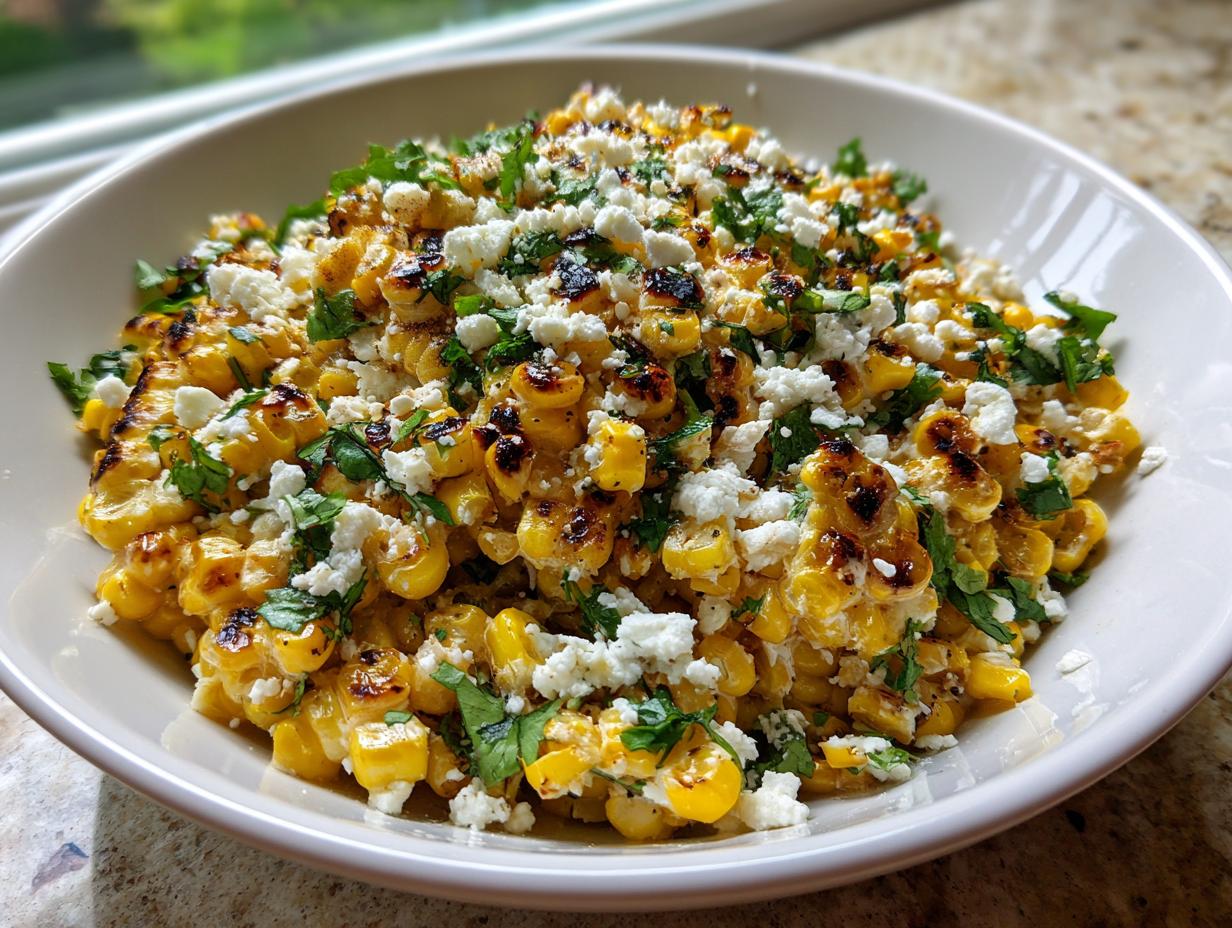 A close-up of a white bowl filled with charred corn kernels, crumbled white cheese, and fresh cilantro, ready to serve as street corn salad.