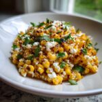 Close-up of a white bowl filled with charred corn kernels, crumbled white cheese, and fresh cilantro, showcasing the street corn salad.