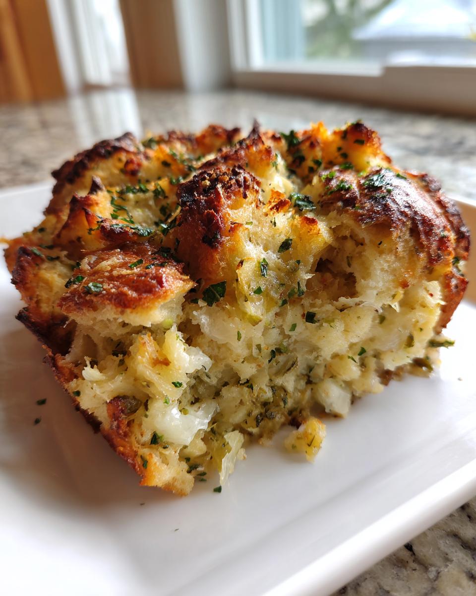 Close-up of a square serving of homemade stuffing with a golden, crispy top and moist interior, sprinkled with parsley.