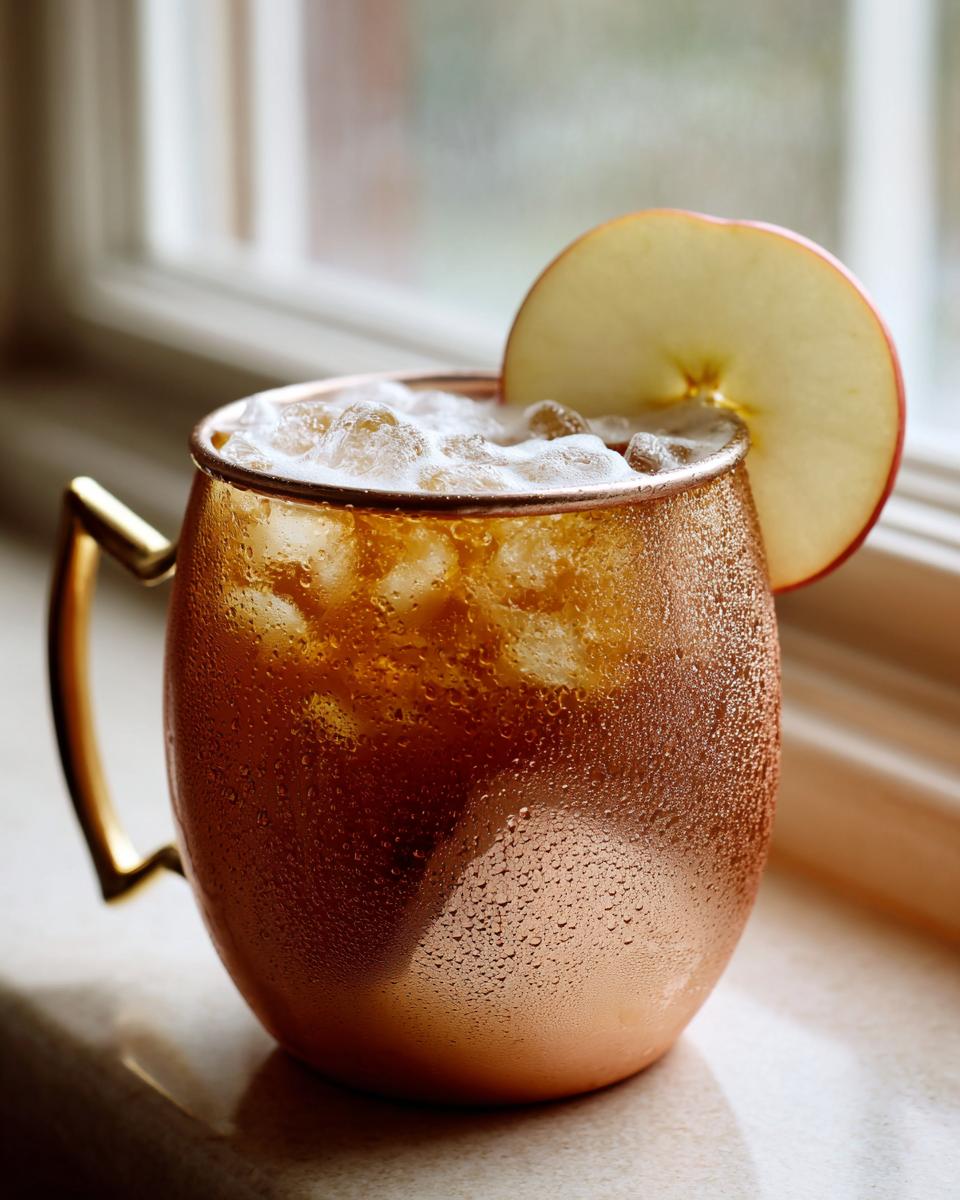 A close-up of a frosty apple cider moscow mule cocktail filled with ice and garnished with an apple slice.