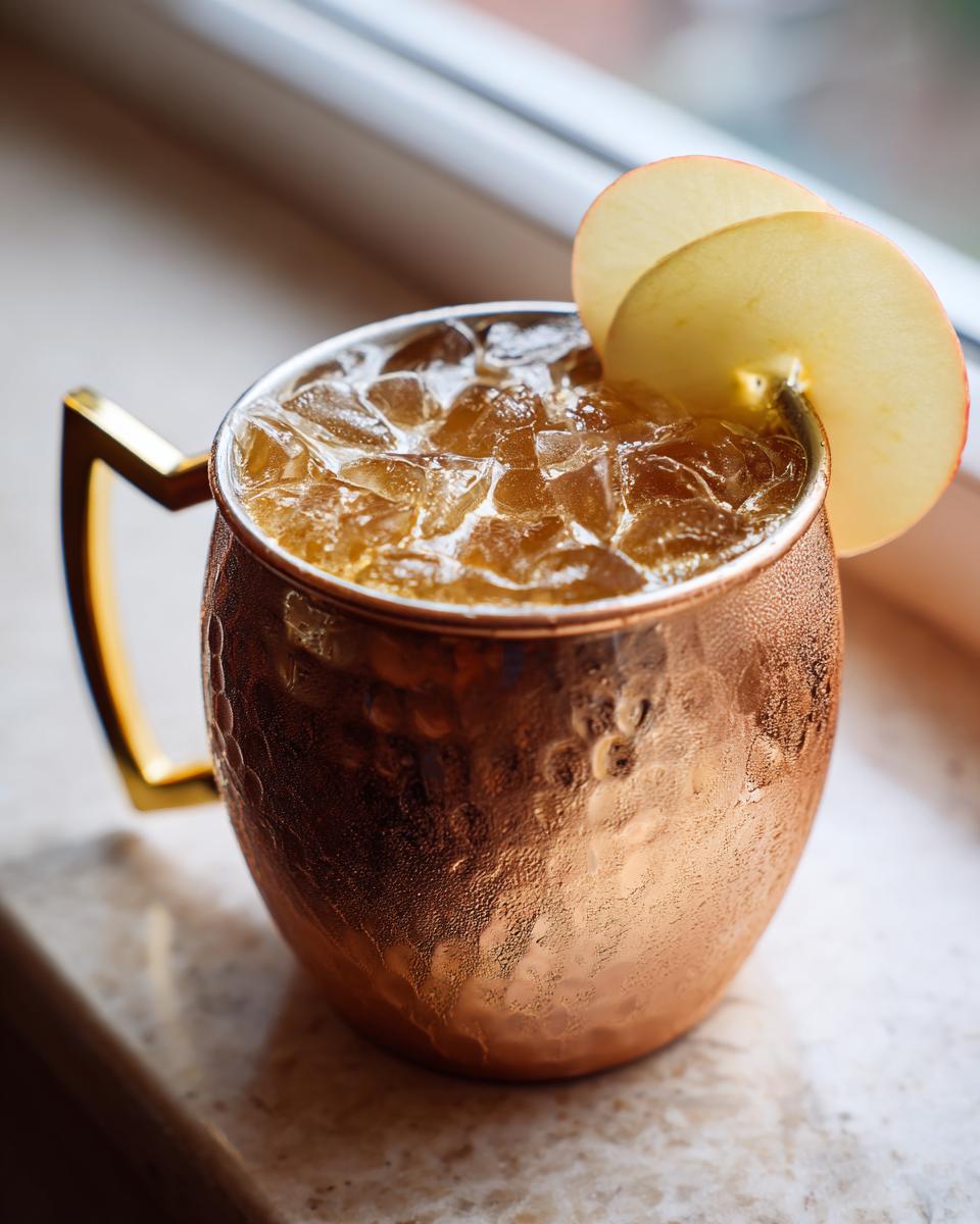 Close-up of a frosty copper mug filled with ice and an apple cider moscow mule, garnished with apple slices.