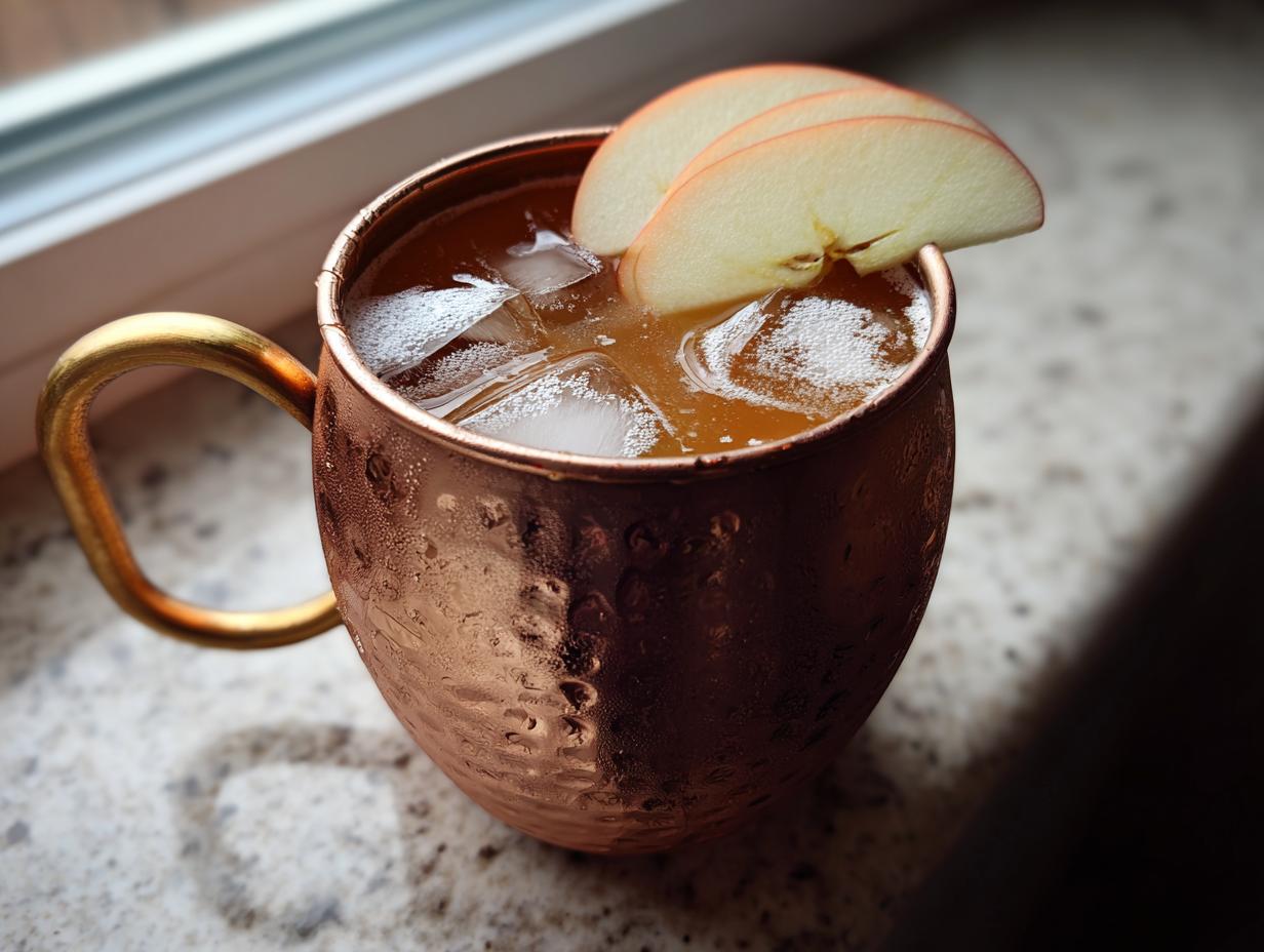 A refreshing apple cider moscow mule served over ice in a hammered copper mug, garnished with apple slices.