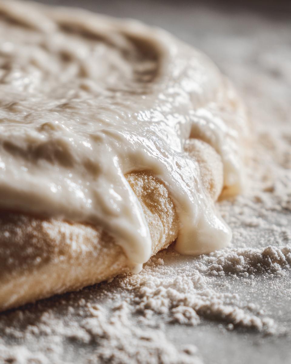 Close-up of creamy white pizza sauce being spread onto raw pizza dough dusted with flour.