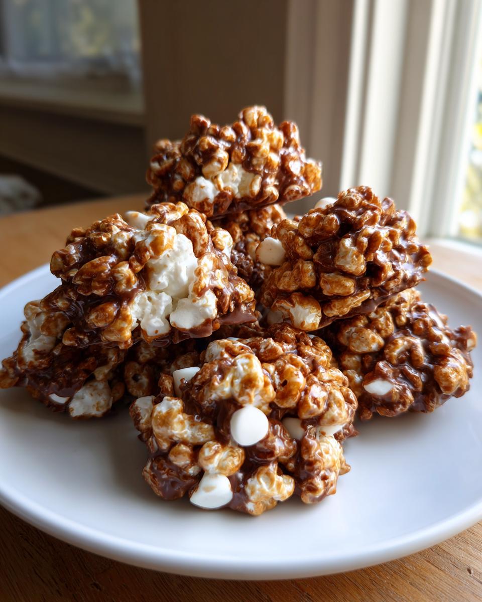 A stack of rich, chocolate-coated avalanche cookies made with popcorn and marshmallows.