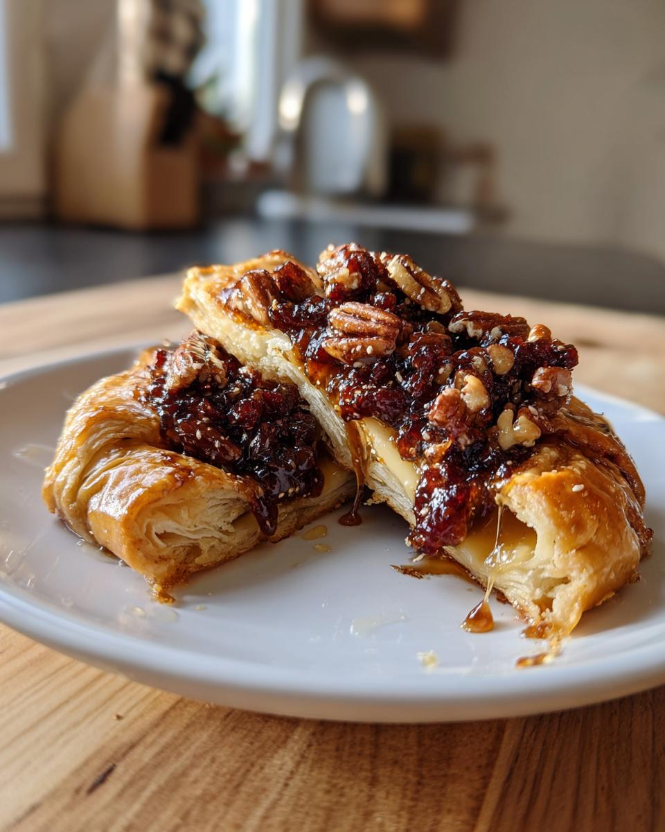 A cross-section of baked brie wrapped in puff pastry, oozing cheese and topped with pecan and jam mixture.