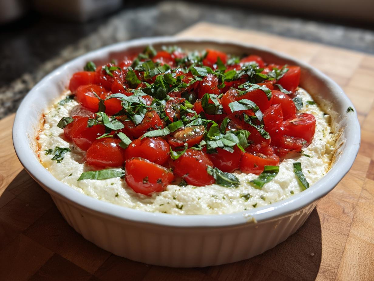 A close-up of warm, baked bruschetta dip topped with halved cherry tomatoes and fresh basil.
