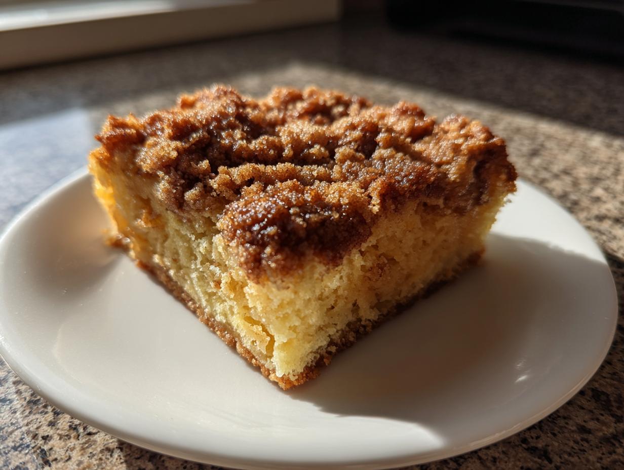 A square slice of baked french toast with a thick, brown cinnamon crumb topping on a white plate.