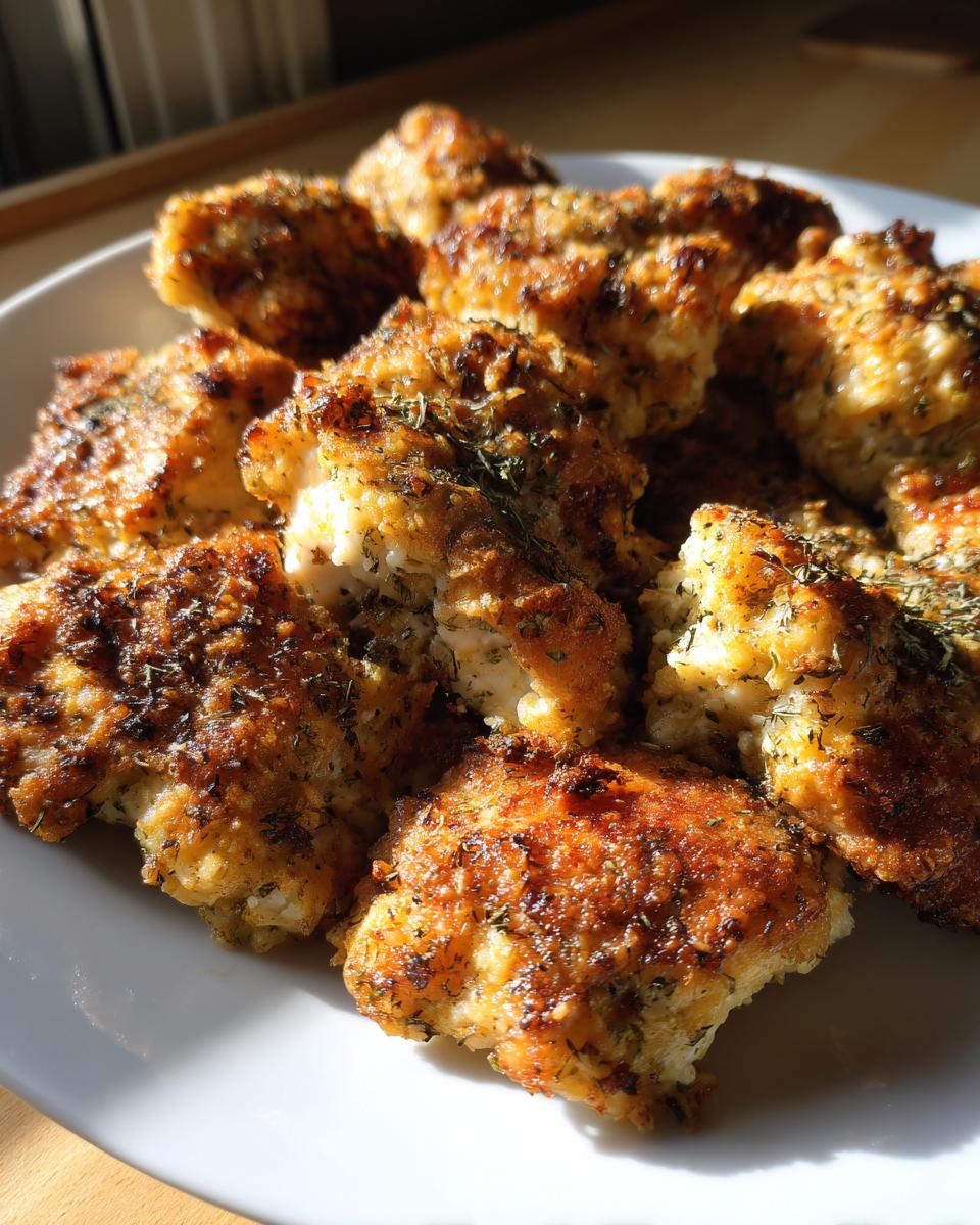 Close-up of golden brown baked ranch chicken pieces seasoned with herbs, piled on a white plate.