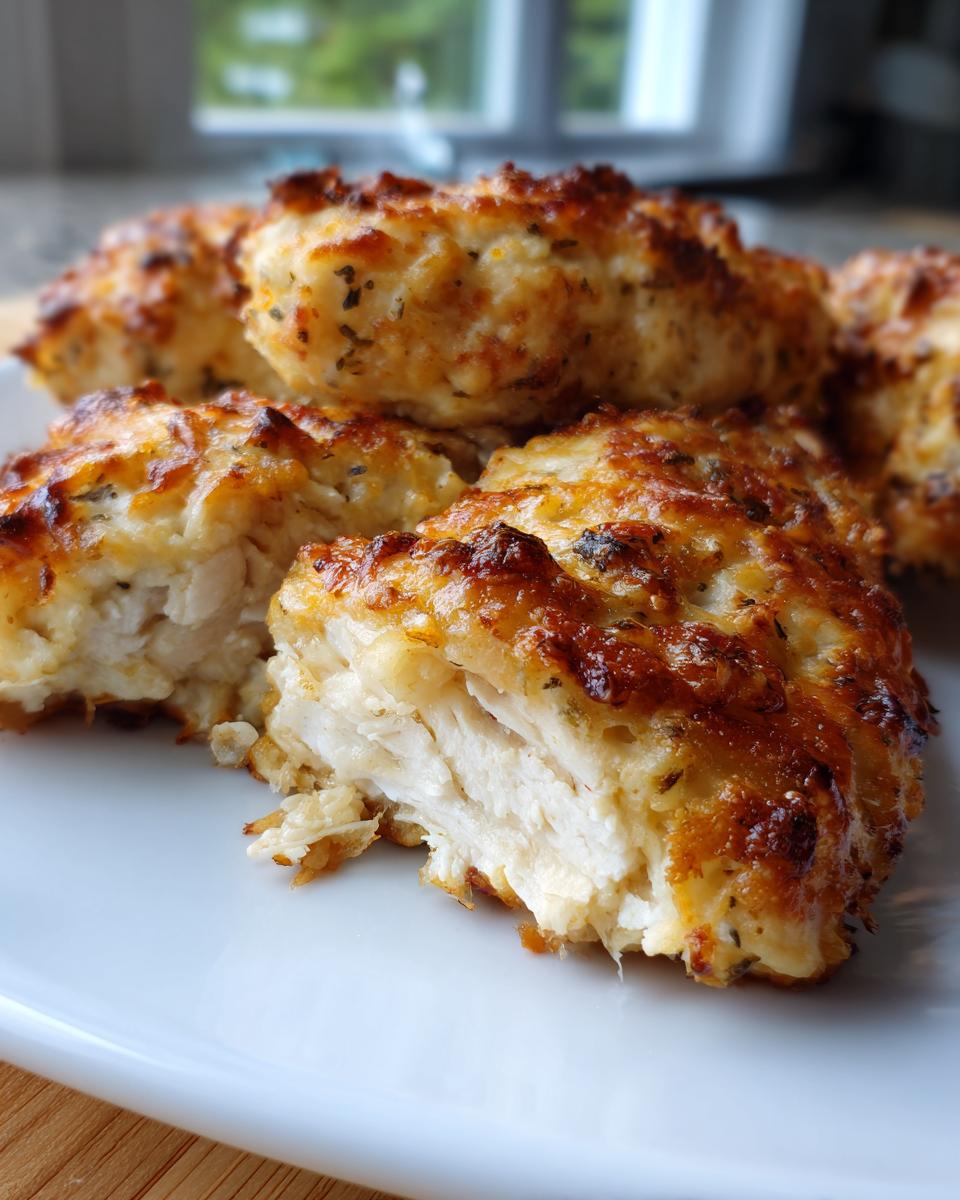 Close-up of several pieces of baked ranch chicken with a golden-brown, cheesy crust, one piece cut open showing moist white meat.