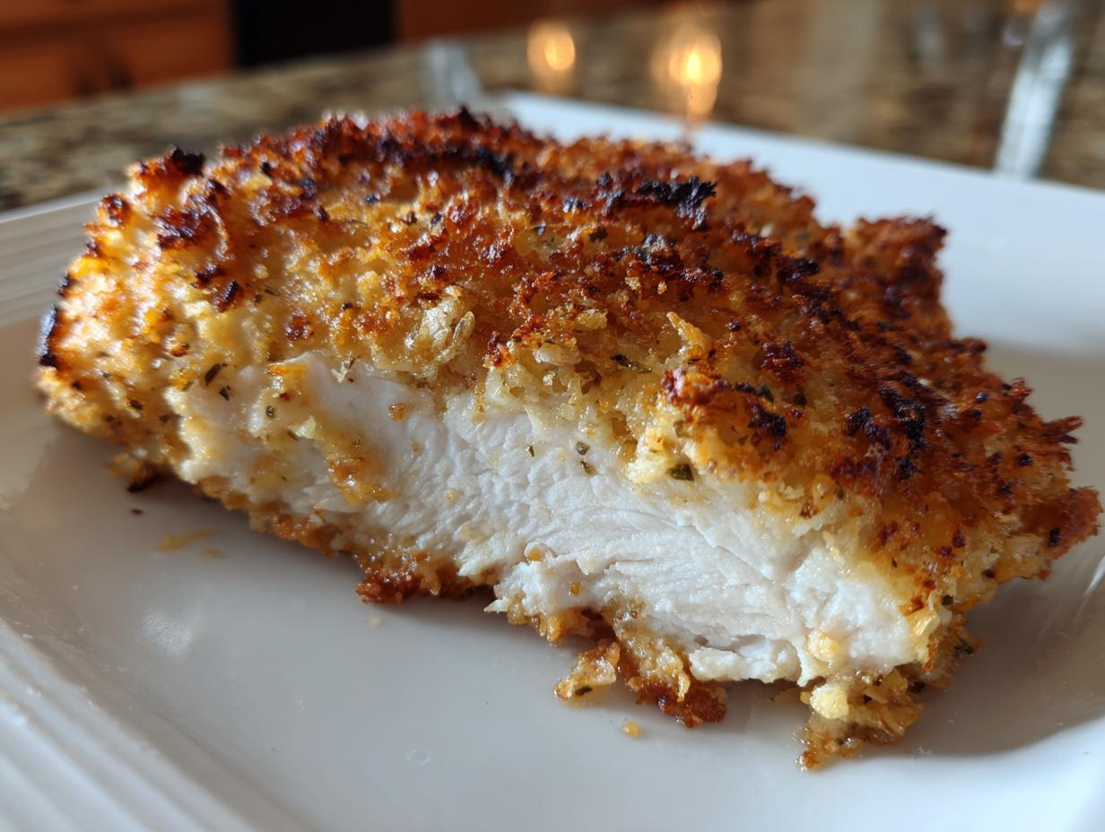 A close-up cross-section showing the moist white interior of baked ranch chicken with a golden, crispy, seasoned crust.