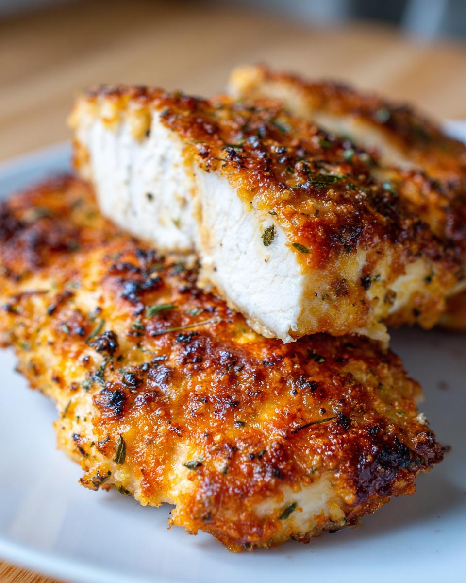 Close-up of perfectly cooked baked ranch chicken, showing a golden, herbed crust and moist white interior.