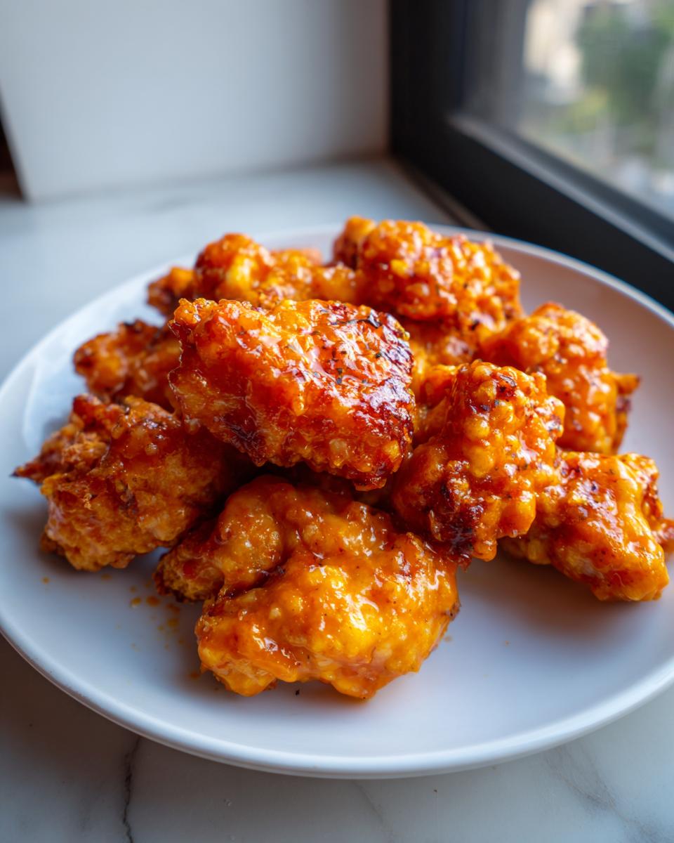 A white plate piled high with crispy, saucy pieces of Bang Bang Chicken coated in a vibrant orange glaze.