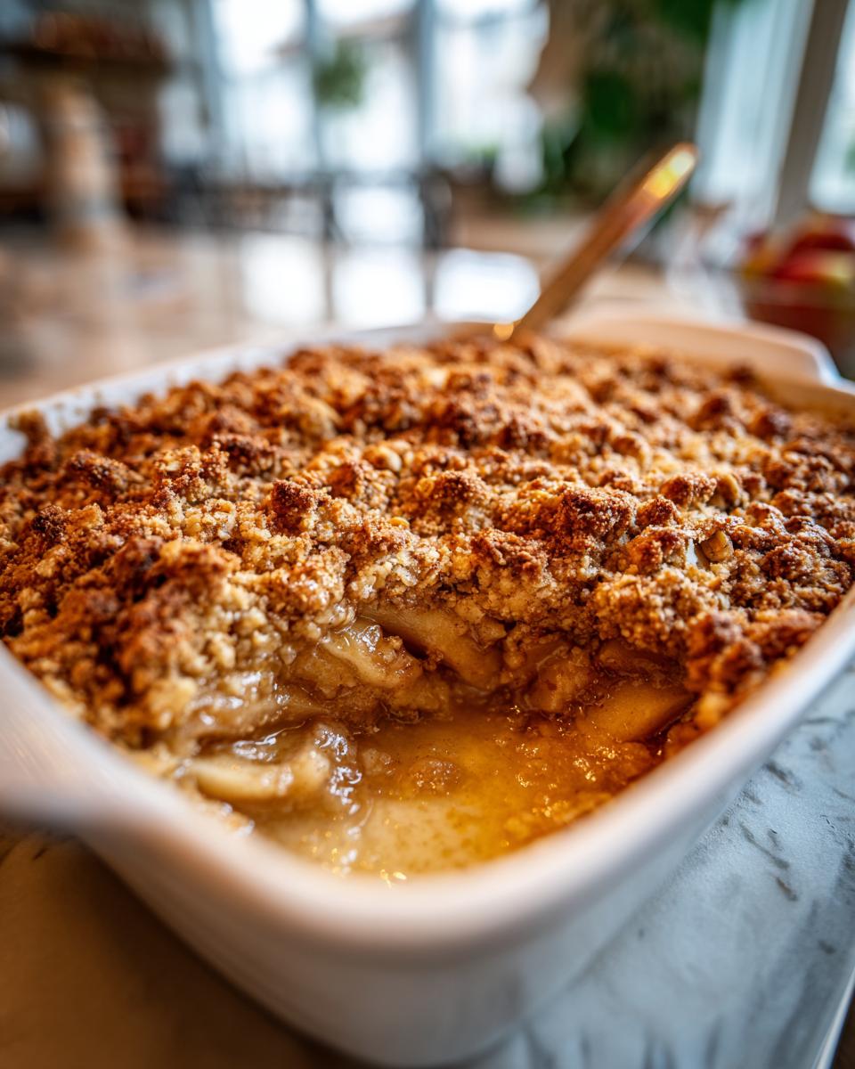 A close-up view of a freshly baked apple crisp in a white dish, showing the bubbling fruit filling and crunchy brown topping.