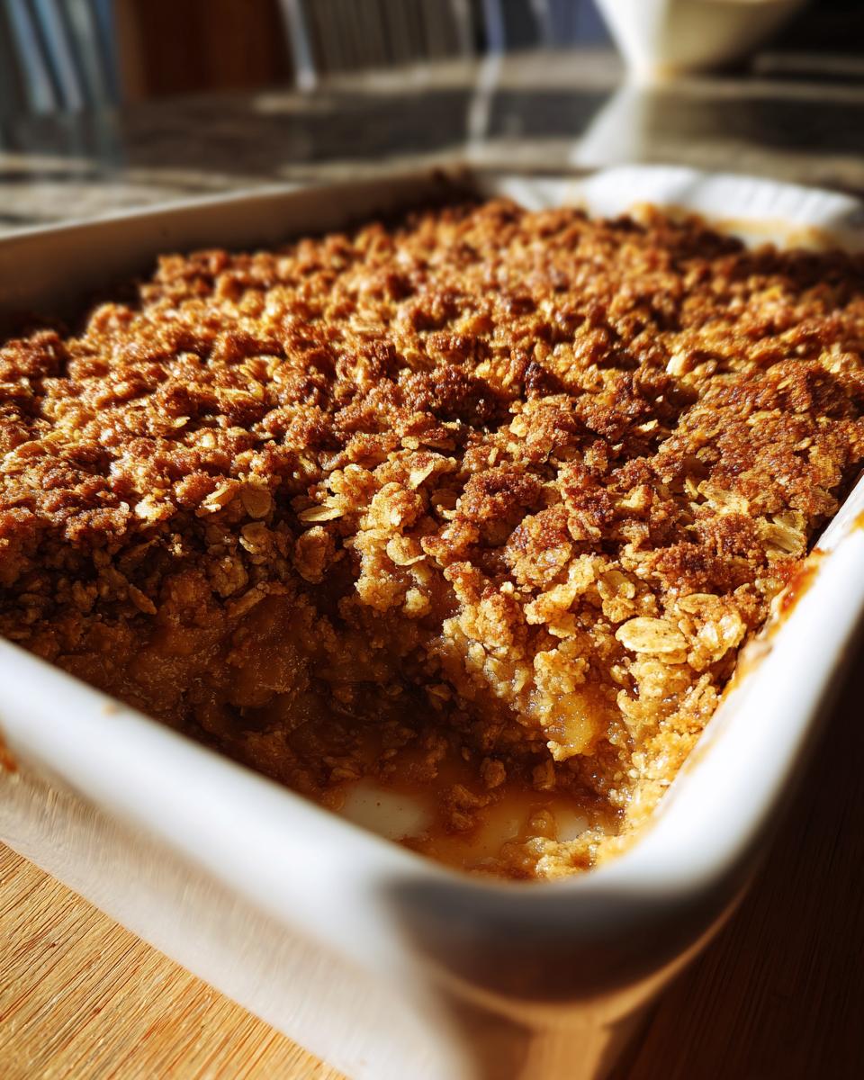 A close-up shot of a freshly baked apple crisp with a golden, crunchy oat topping, showing a scoop removed.