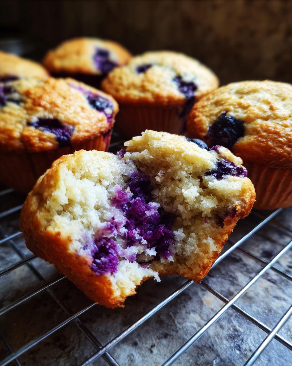 Close-up of a blueberry oatmeal muffin broken open, showing the moist crumb and burst blueberries, cooling on a wire rack.