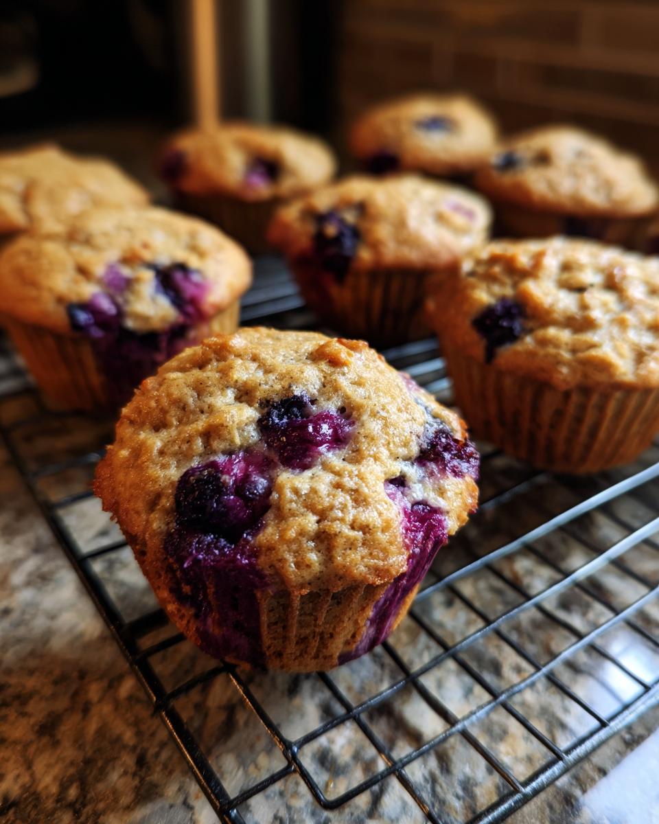 Close-up of a freshly baked blueberry oatmeal muffin resting on a cooling rack with several others blurred in the background.
