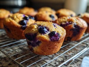 Close-up of golden brown blueberry oatmeal muffins cooling on a wire rack.
