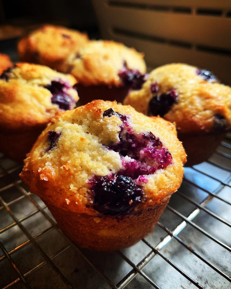 Close-up of golden-brown blueberry oatmeal muffins cooling on a wire rack, showing burst, juicy blueberries.