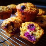 Close-up of golden blueberry oatmeal muffins, one cut in half showing moist interior and bright purple blueberries.