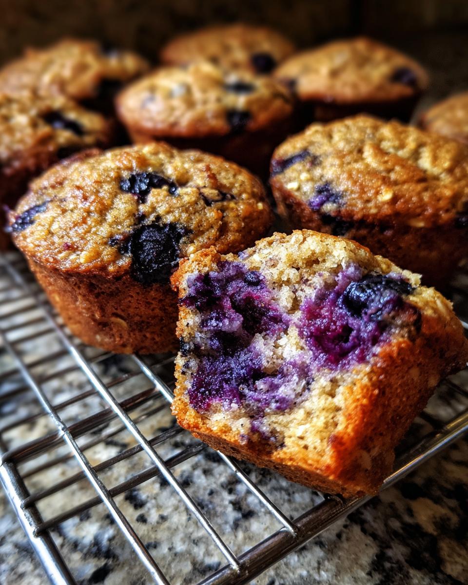 A close-up of a halved blueberry oatmeal muffin showing the moist interior next to whole muffins on a cooling rack.