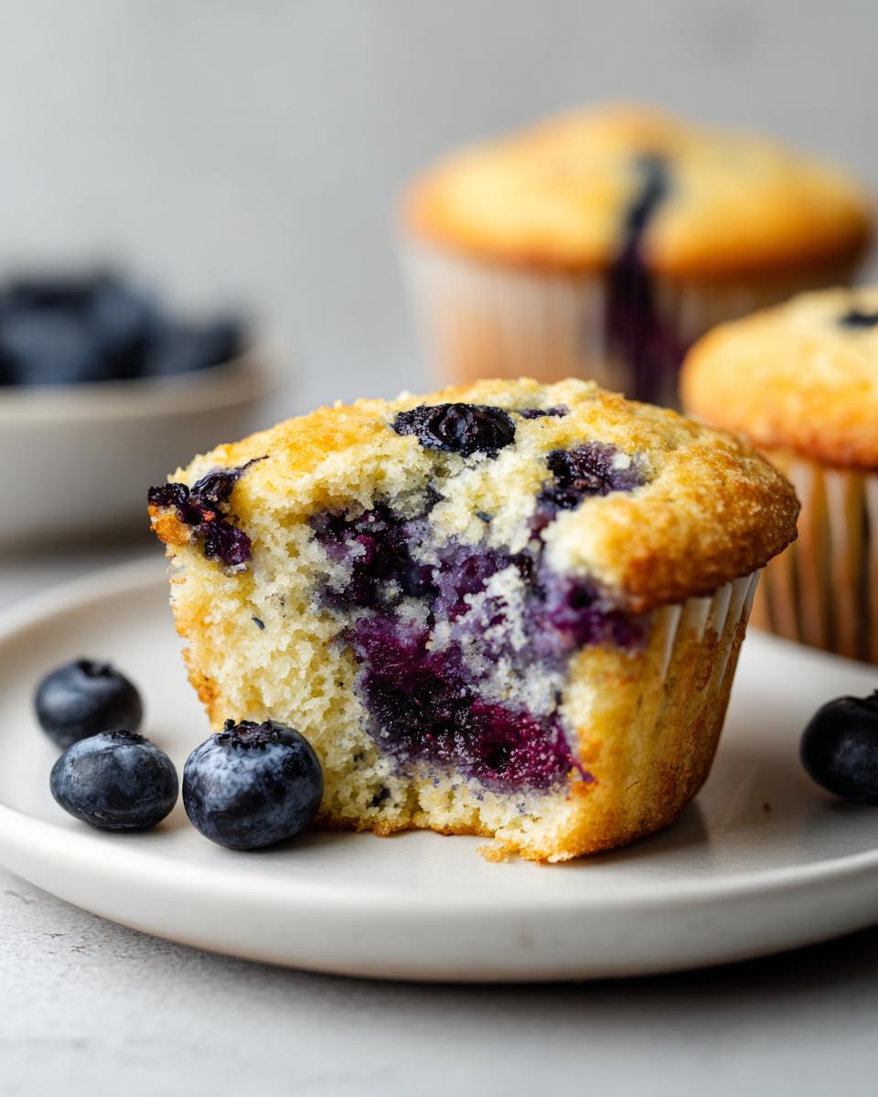 A close-up shot of a blueberry protein muffins with a bite taken out, revealing moist interior and bursting blueberries.