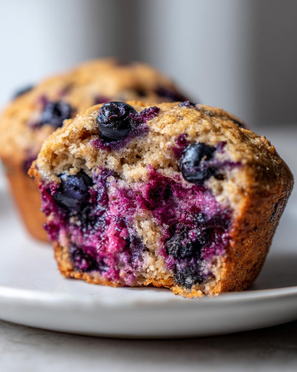 Close-up of a blueberry protein muffin cut in half showing moist texture and burst blueberries.