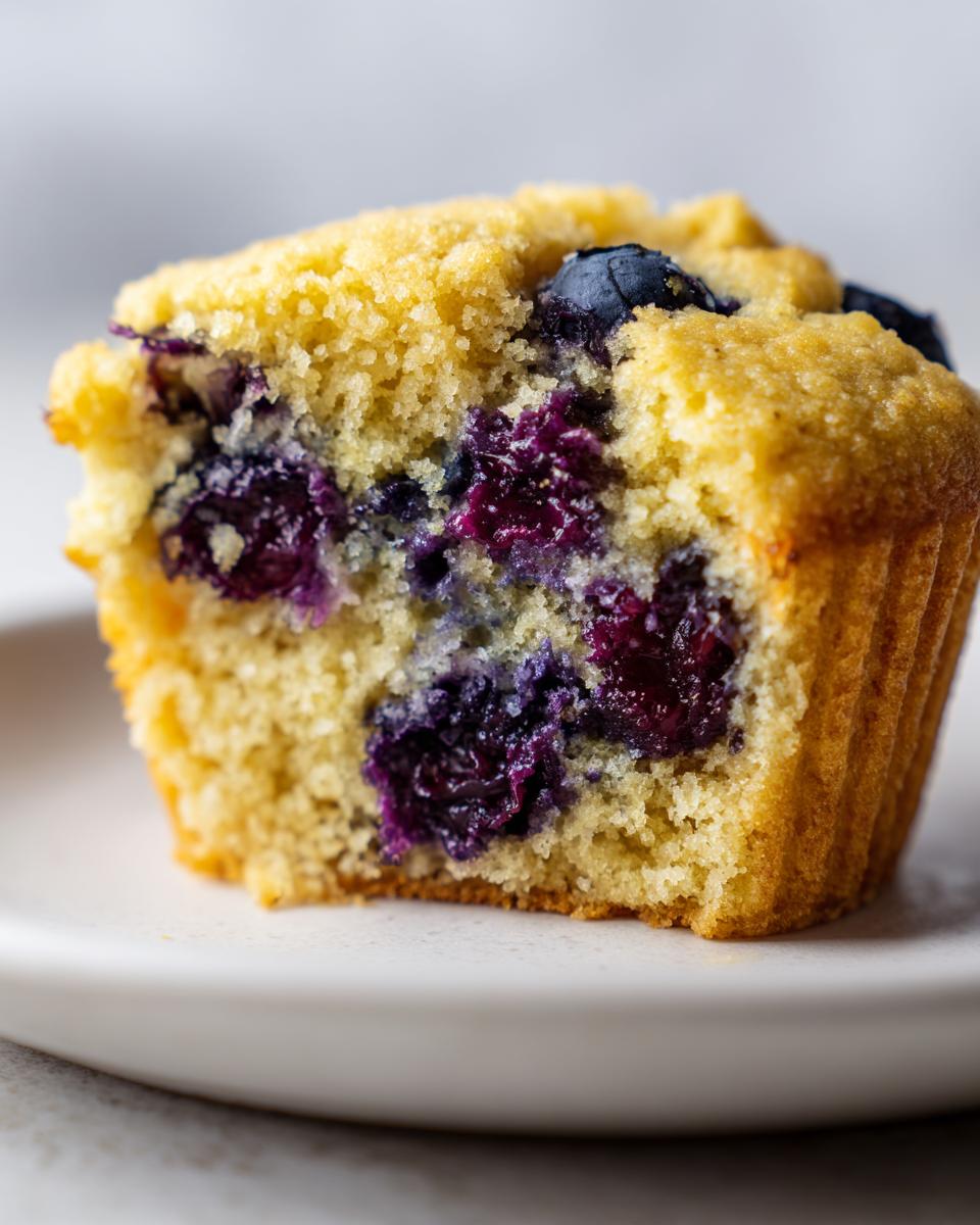 Close-up of a blueberry protein muffins cut in half, showing moist crumb and burst blueberries.