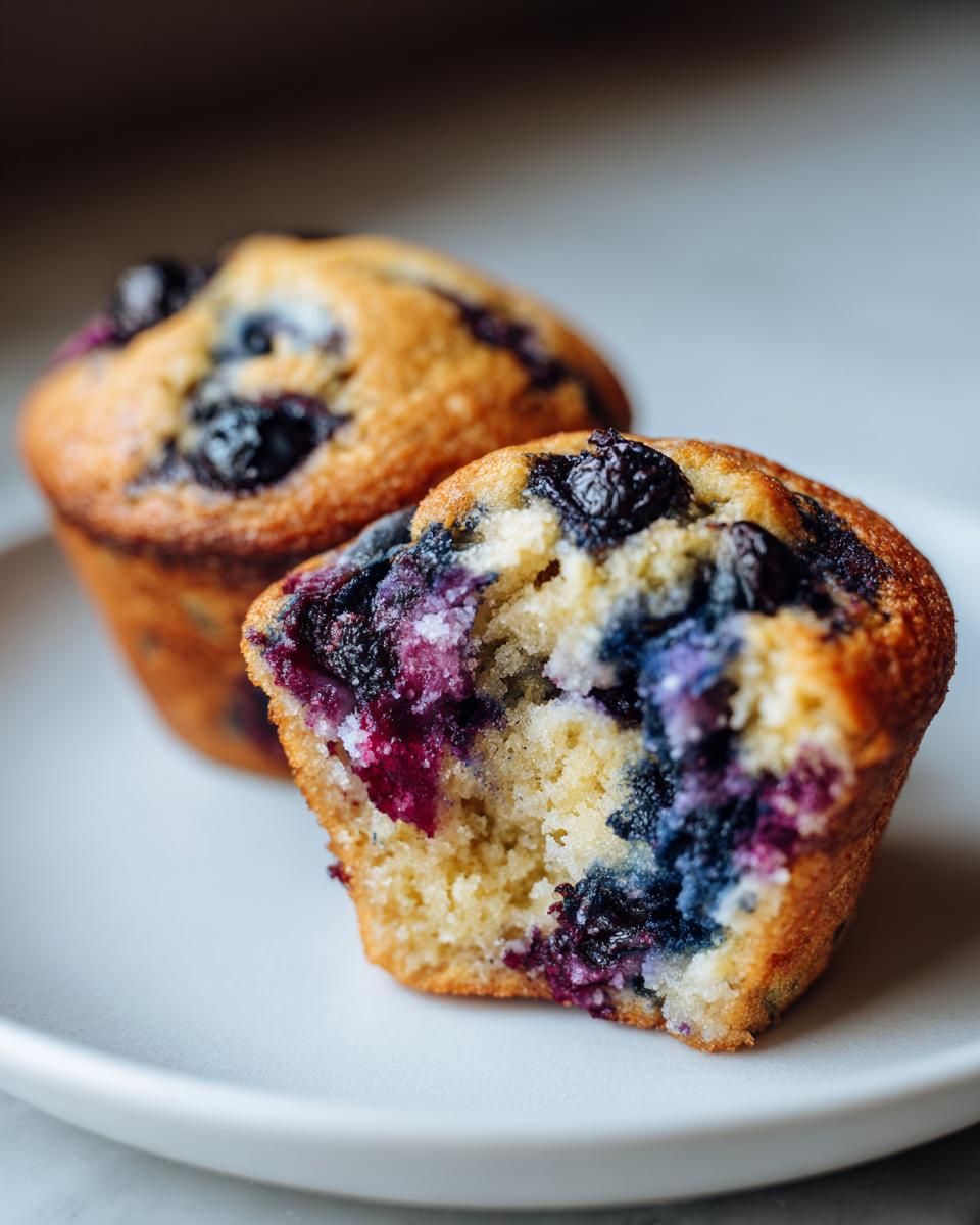Close-up of a halved blueberry protein muffin showing the moist, yellow crumb packed with deep purple blueberries.
