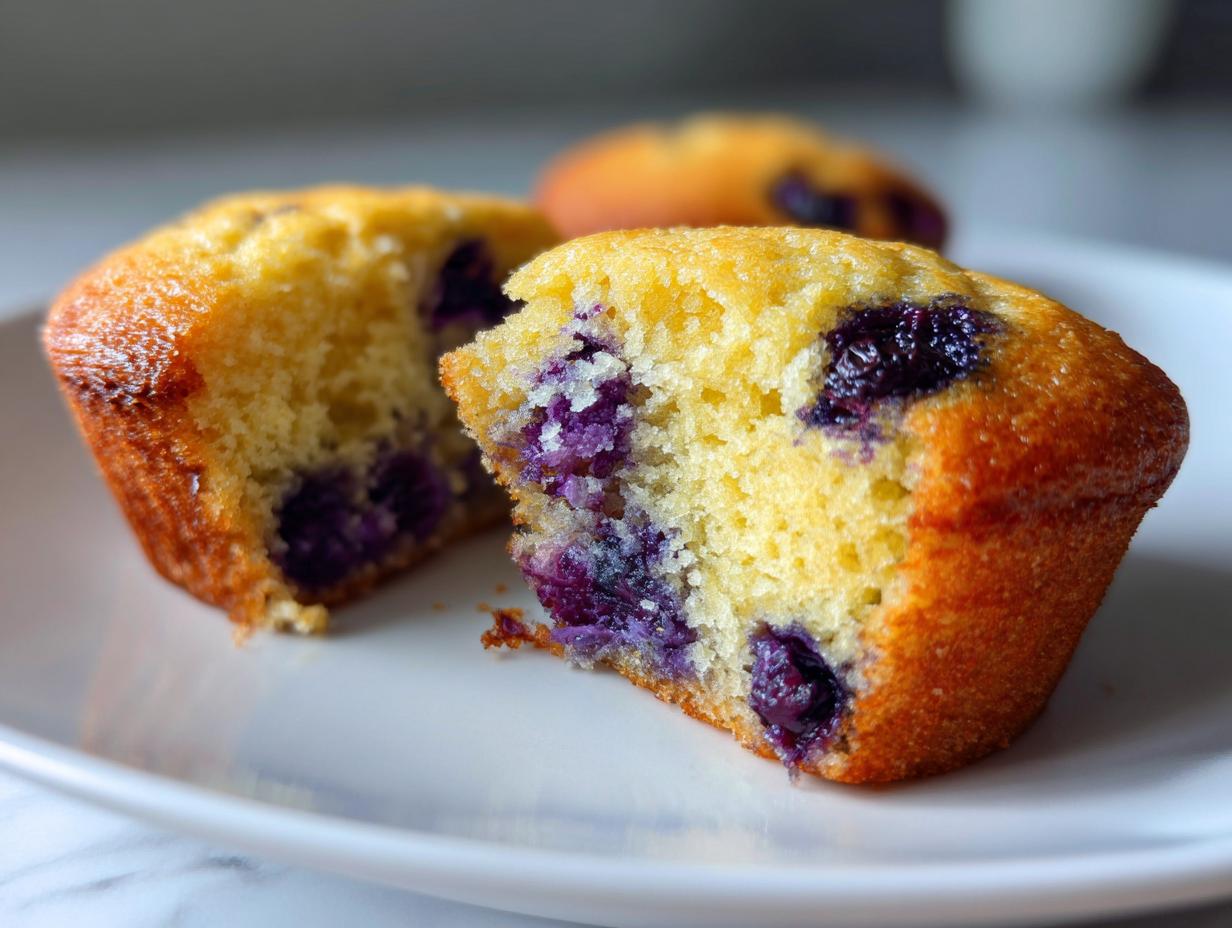 A blueberry protein muffin cut in half showing the moist, yellow crumb and burst blueberries inside.