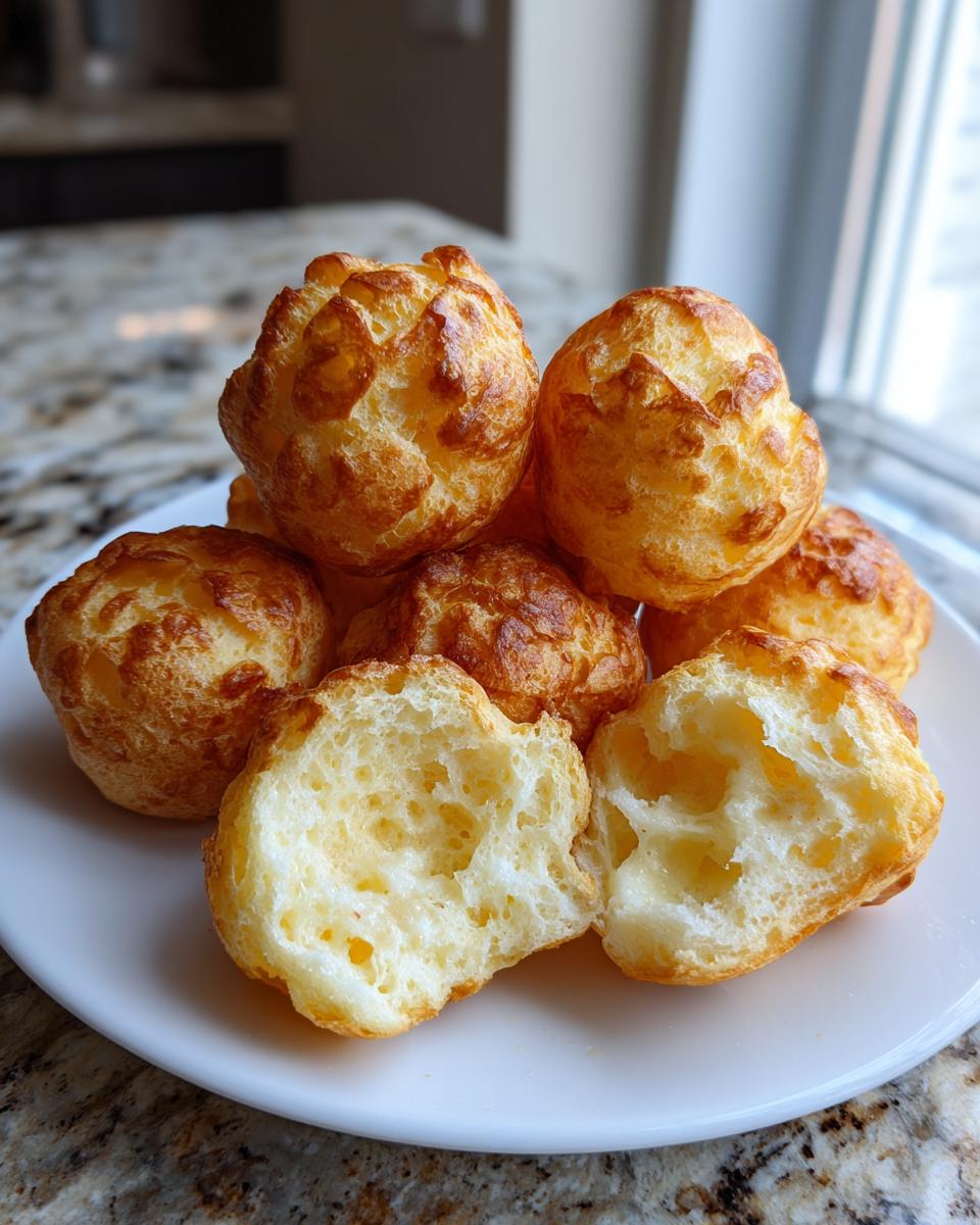 A stack of golden-brown, airy brazilian cheese bread puffs, with one split open showing the chewy interior.