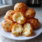A stack of golden brown brazilian cheese bread puffs on a white plate, one broken open showing the cheesy interior.