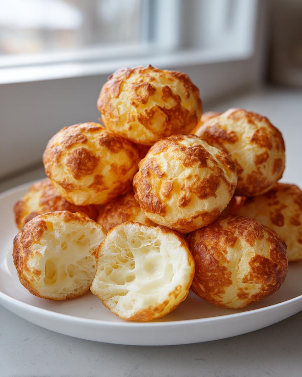 A stack of freshly baked brazilian cheese bread on a white plate, with two pieces broken open showing the chewy, airy interior.
