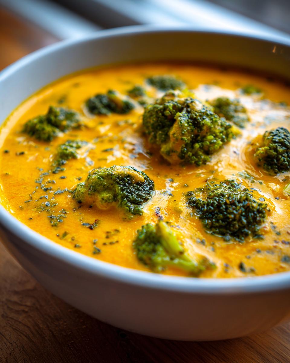 Close-up of a creamy, vibrant orange broccoli cheddar soup filled with florets of green broccoli.