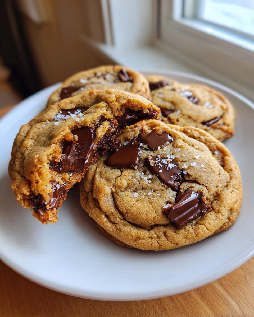 Close-up of gooey brown butter chocolate chip cookies, one broken open showing melted chocolate.
